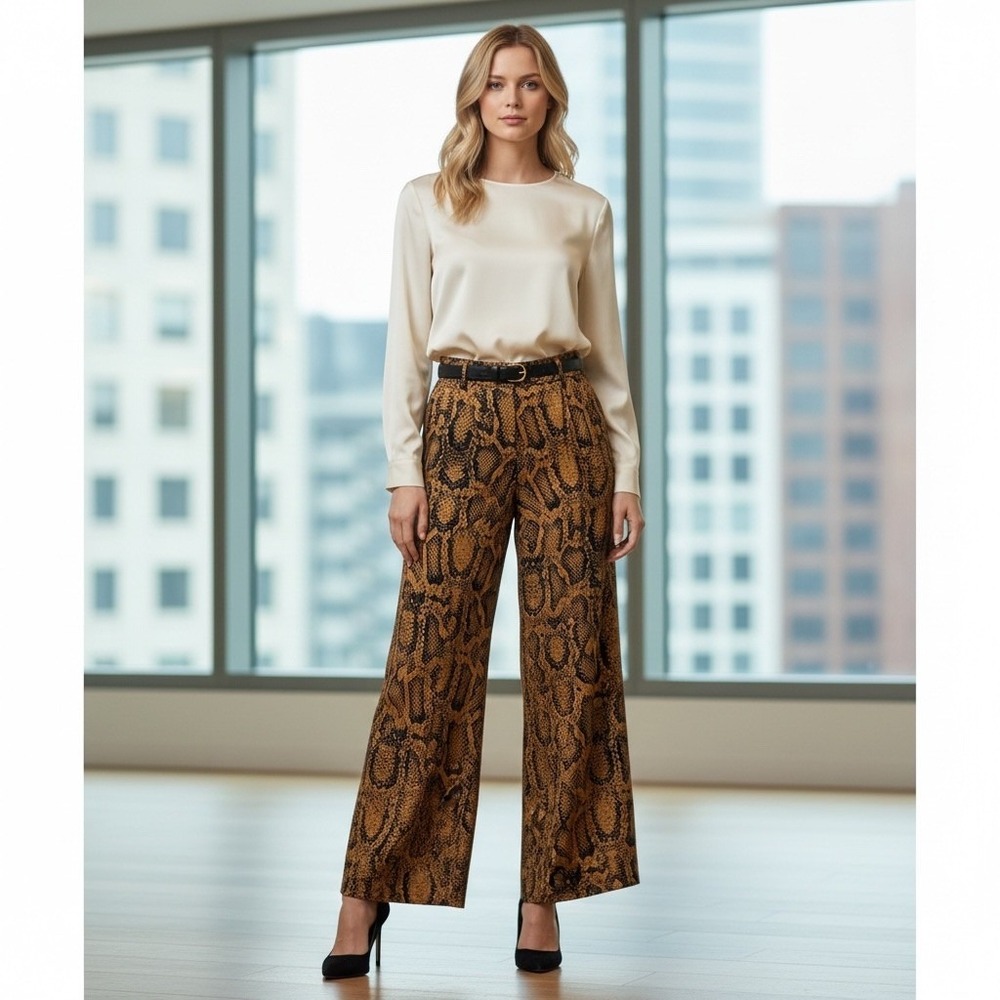 Zara NWT Snakeskin Print Wide Leg High Rise Trousers Ochre Black Mob Wife Small